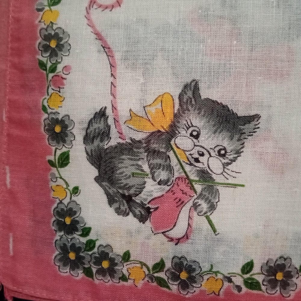 VTG NEW Never Used Crisp AnpromorphicPlayful Grey Kitty Pink White Hanky 50s/60s - Picture 5 of 12